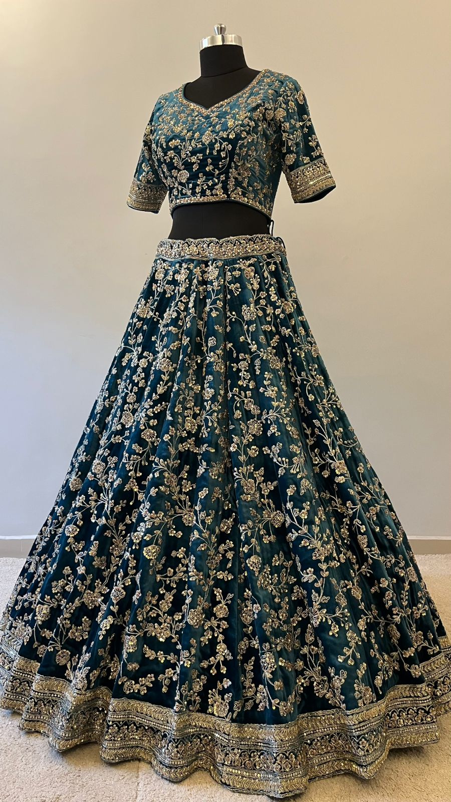 Midnight Teal Zari Embroidered Bridal Lehenga Set