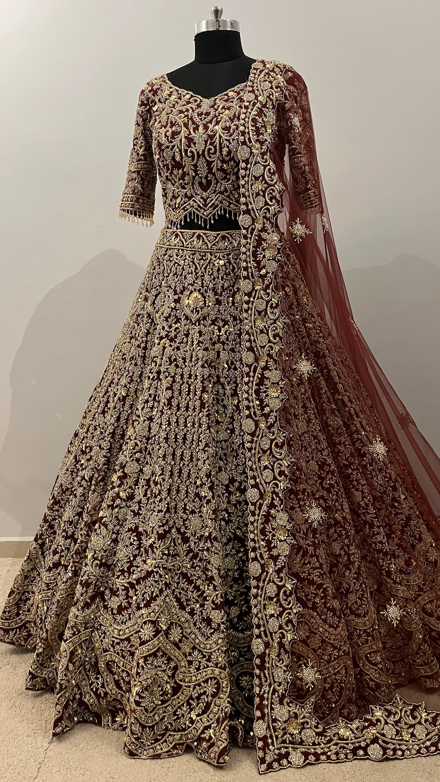 Imperial Wine Zardozi Bridal Lehenga
