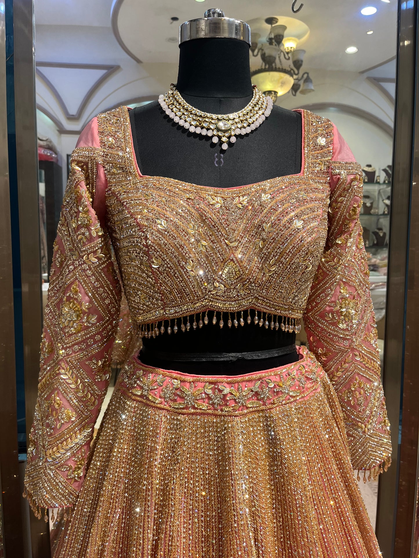 Blush Rose Gold Bridal Lehenga with Crystal Embellishments