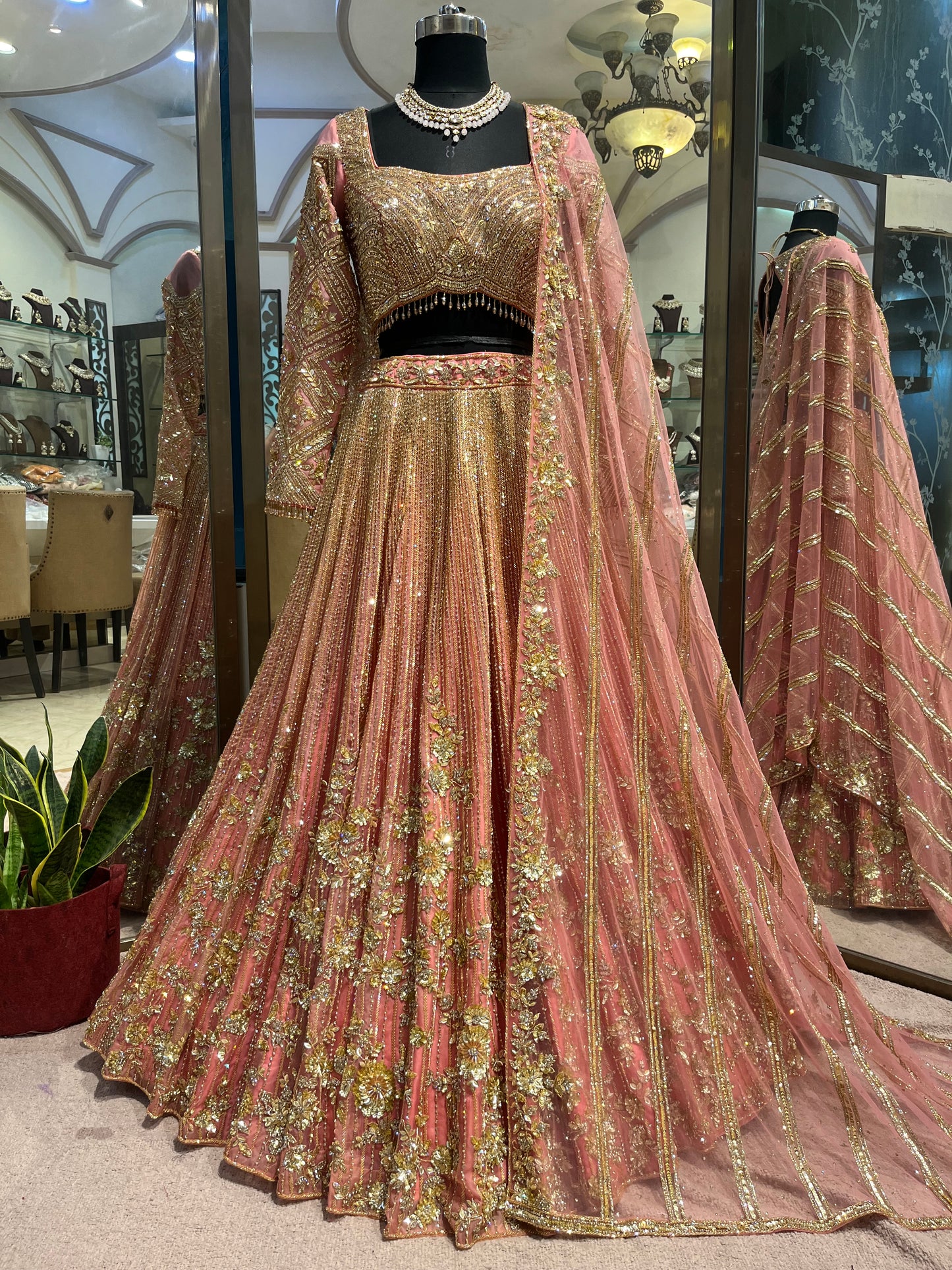 Blush Rose Gold Bridal Lehenga with Crystal Embellishments