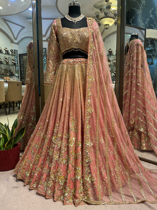 Blush Rose Gold Bridal Lehenga with Crystal Embellishments