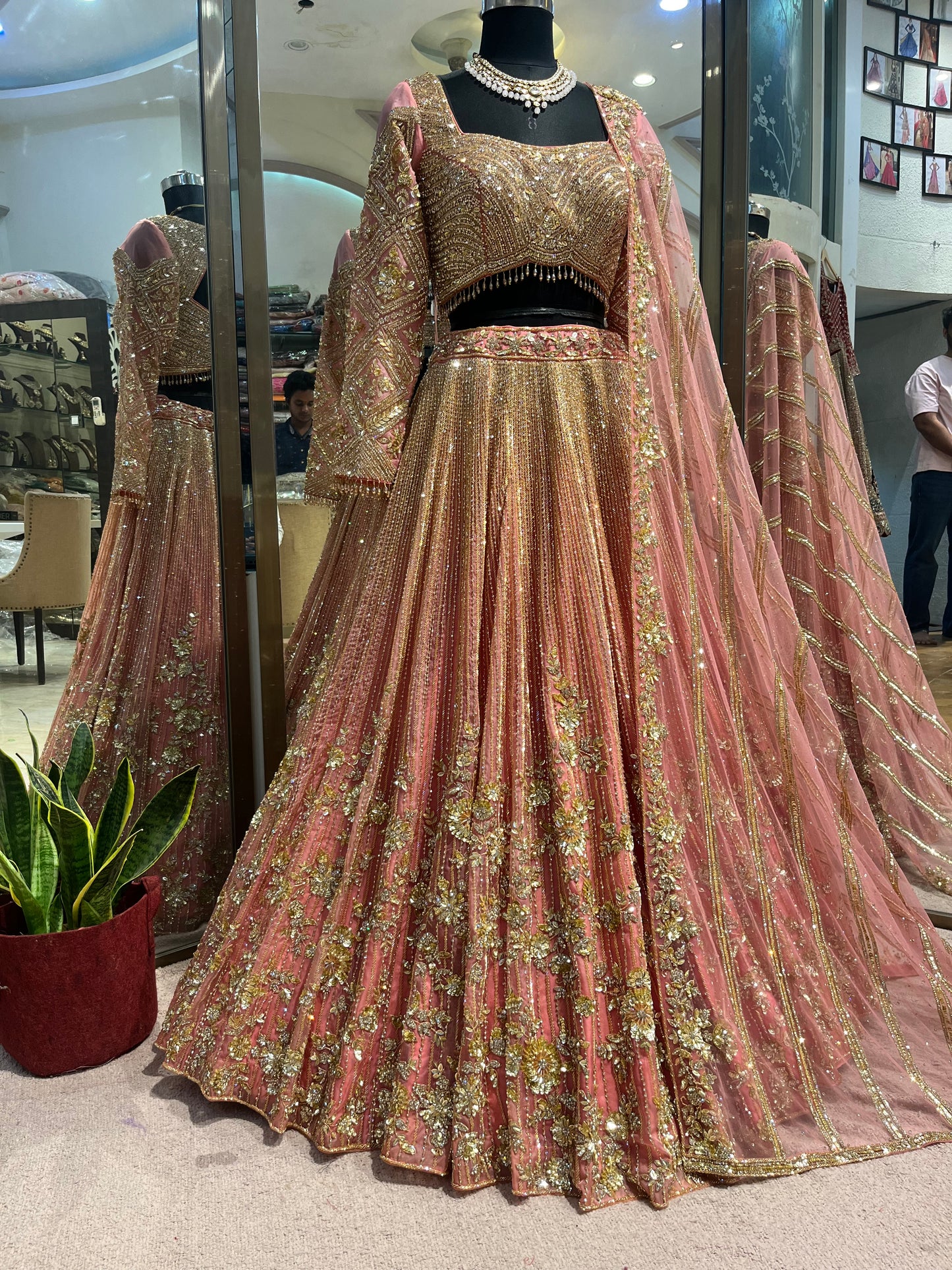 Blush Rose Gold Bridal Lehenga with Crystal Embellishments