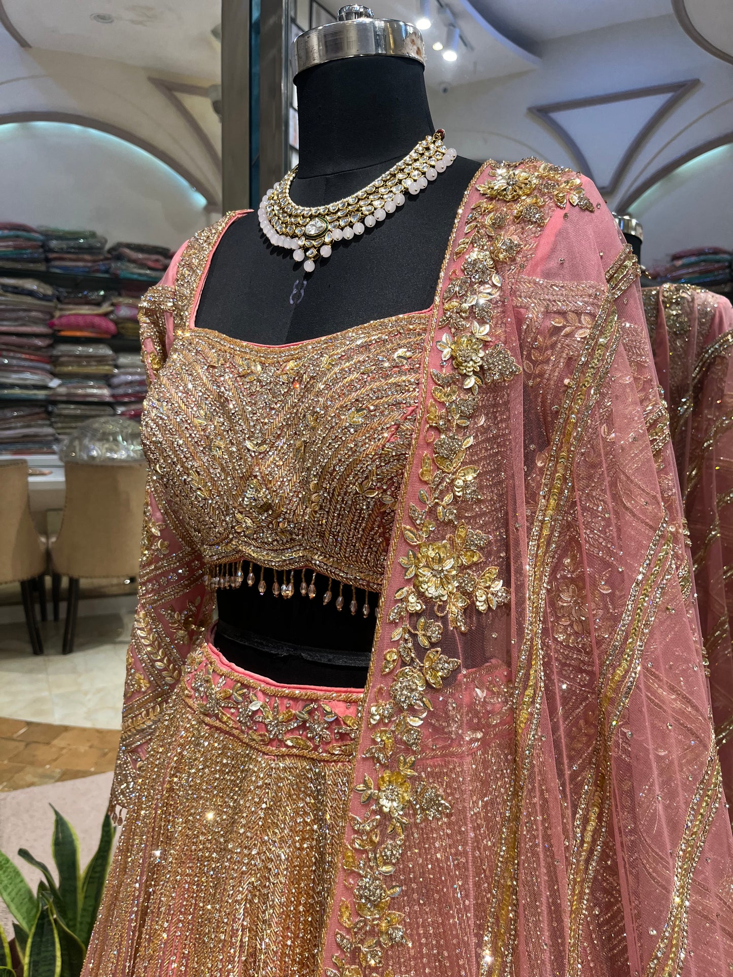 Blush Rose Gold Bridal Lehenga with Crystal Embellishments