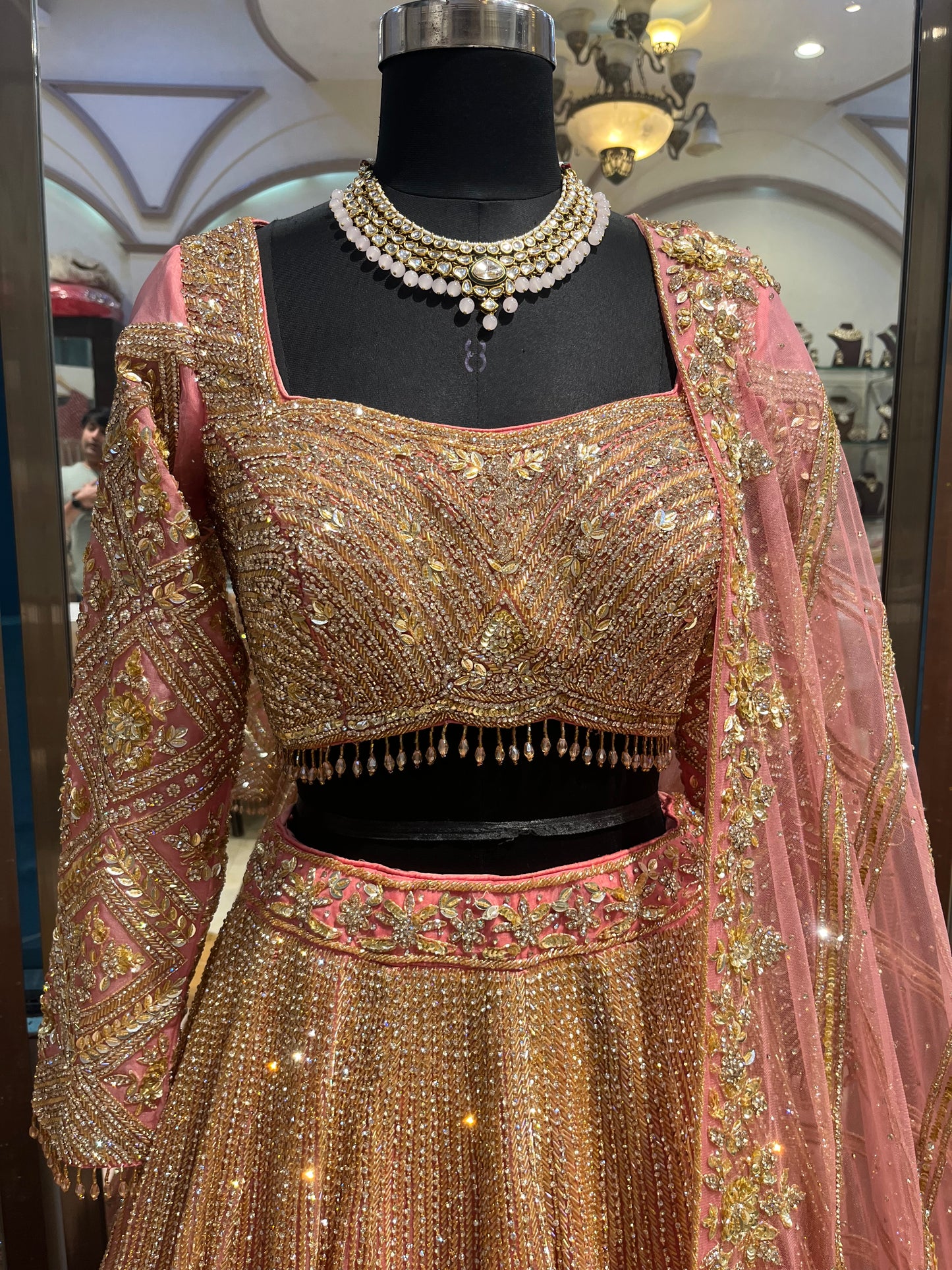 Blush Rose Gold Bridal Lehenga with Crystal Embellishments