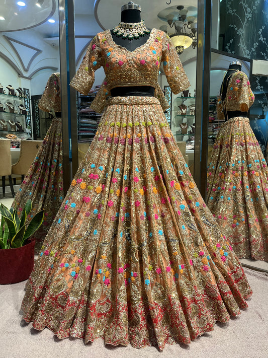 Rose Gold Multiflora Bridal Lehenga Couture