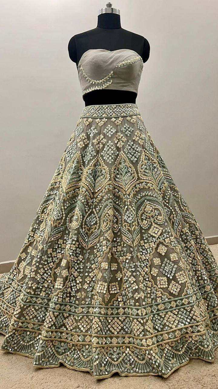 Sage Mist Mirror Embroidered Couture Lehenga