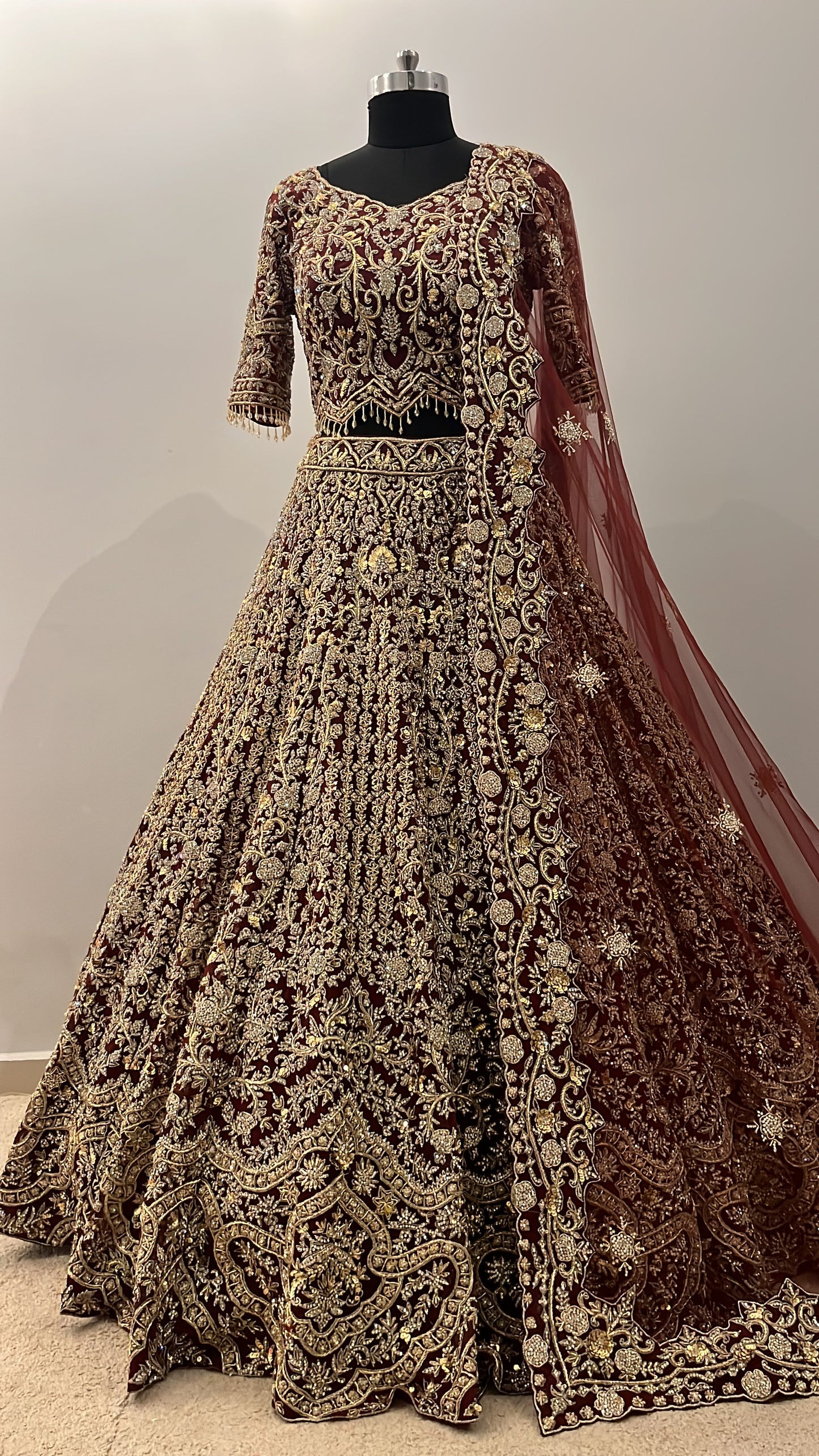 Imperial Wine Zardozi Bridal Lehenga