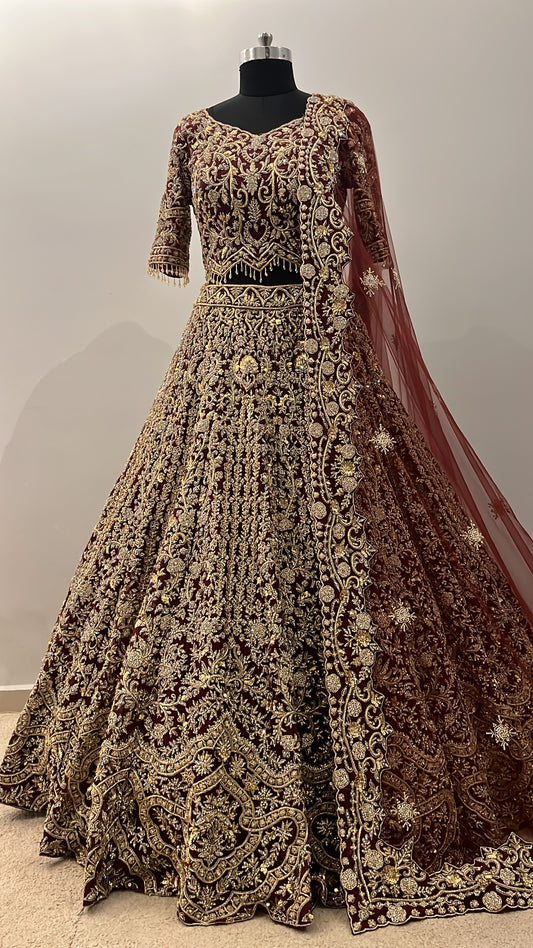 Imperial Wine Zardozi Bridal Lehenga