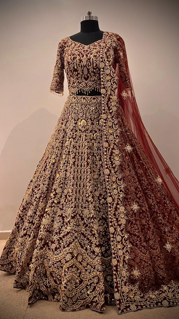 Imperial Wine Zardozi Bridal Lehenga