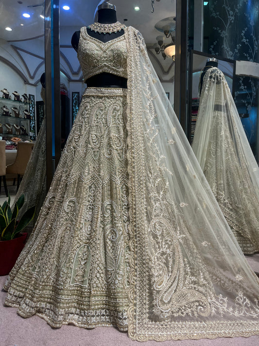 Sage Ivory Heritage Bridal Lehenga with Embroidered Dupatta