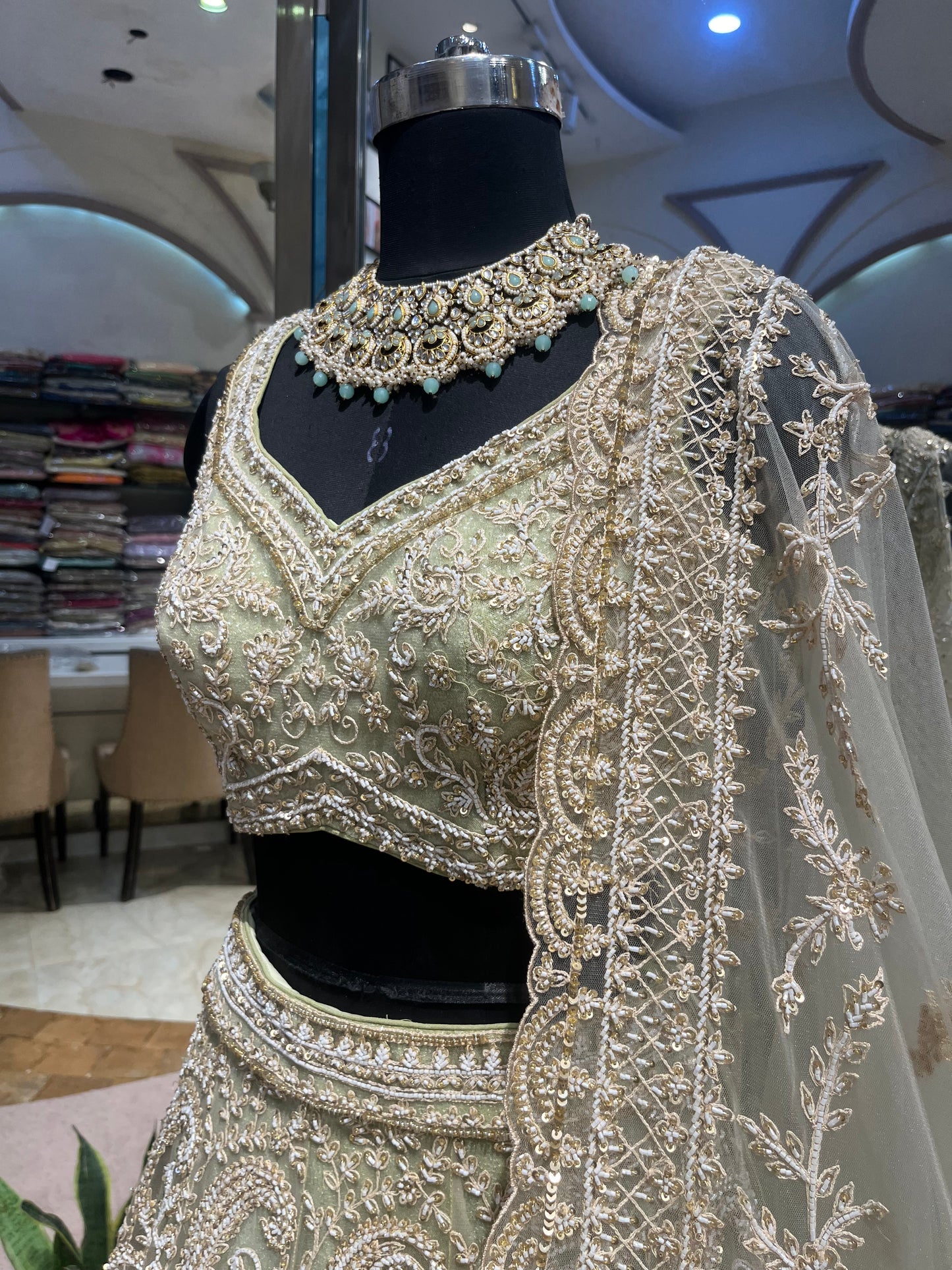 Sage Ivory Heritage Bridal Lehenga with Embroidered Dupatta