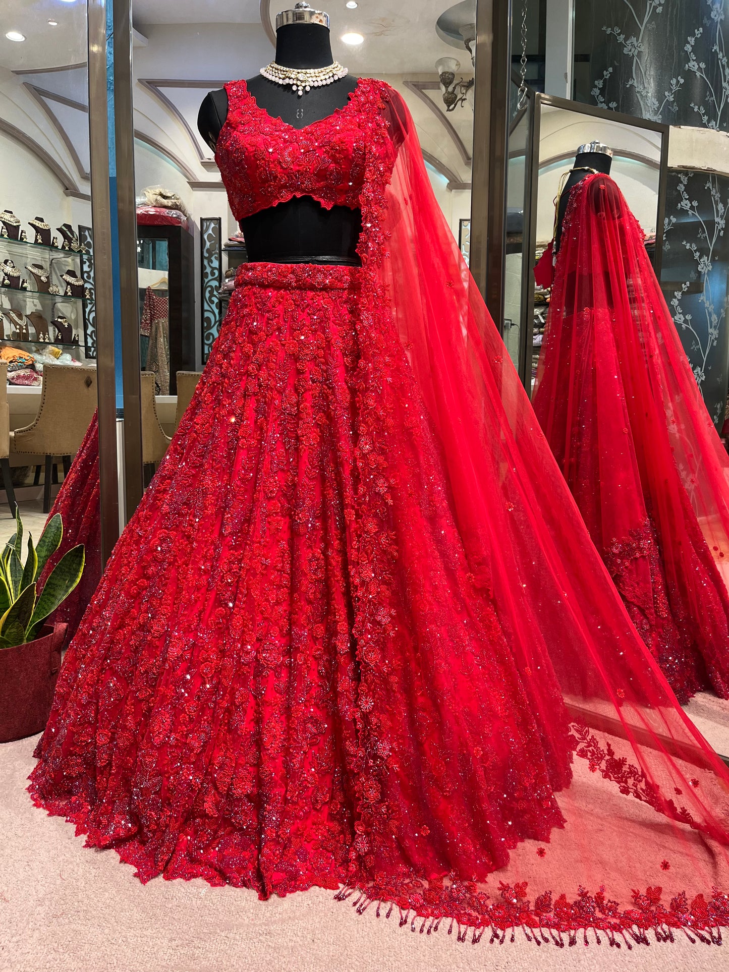 Crimson Scarlet Floral Bridal Lehenga Couture