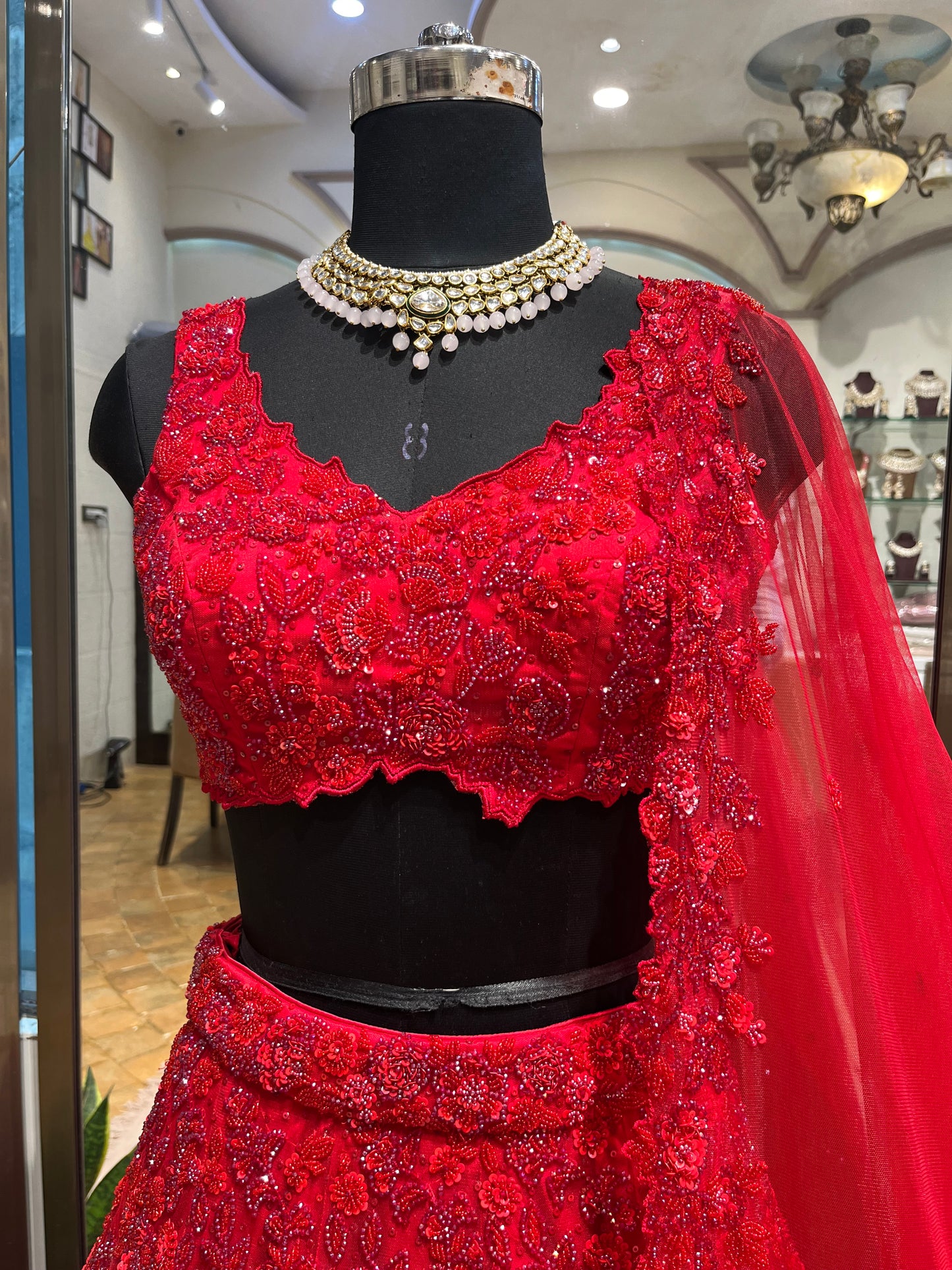 Crimson Scarlet Floral Bridal Lehenga Couture