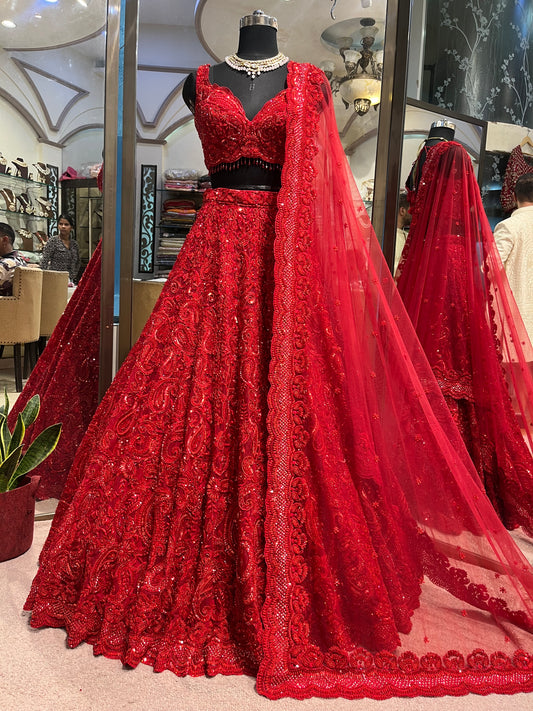 Ruby Red Royal Bridal Lehenga with Handcrafted Sequins