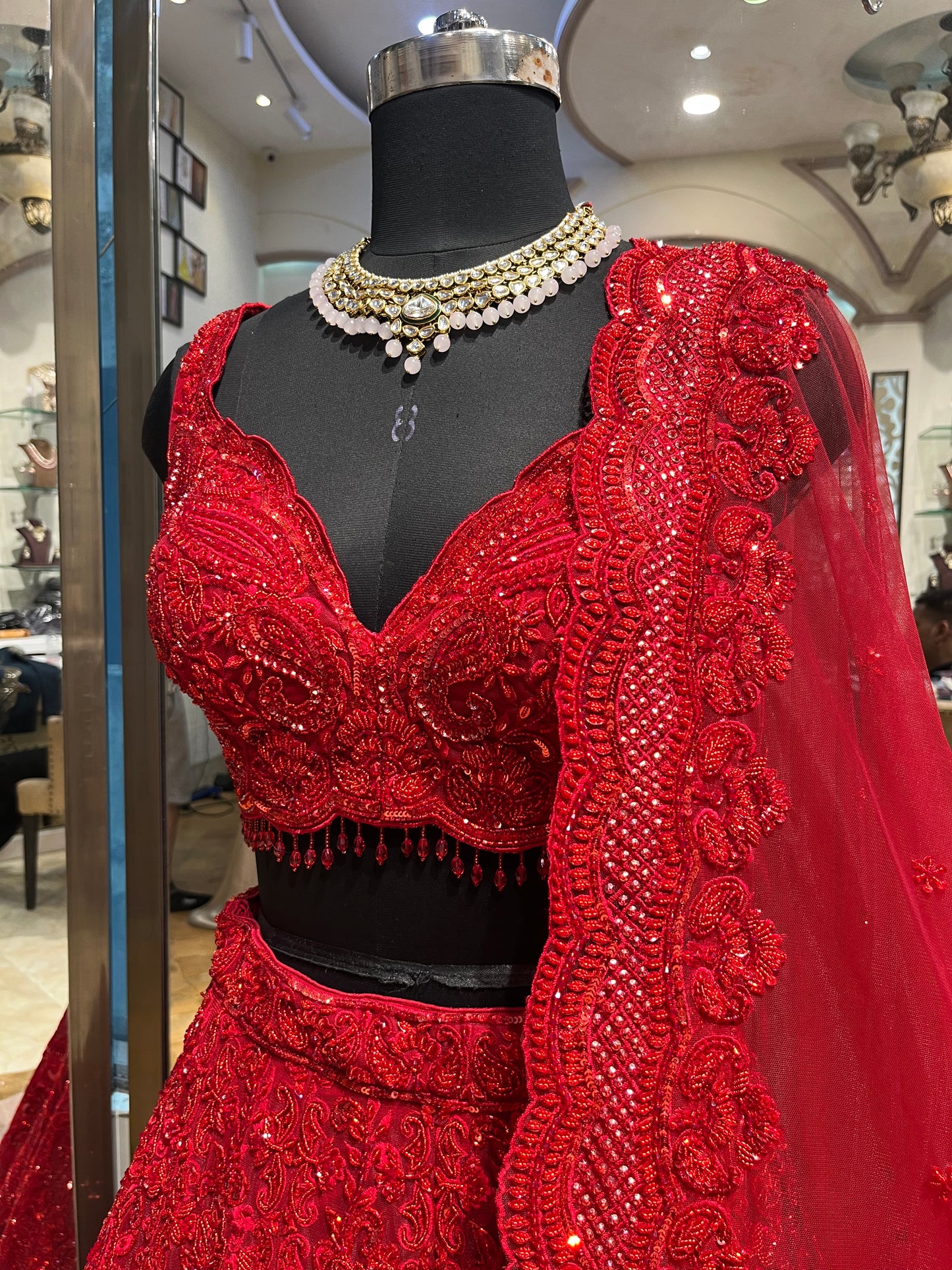 Ruby Red Royal Bridal Lehenga with Handcrafted Sequins