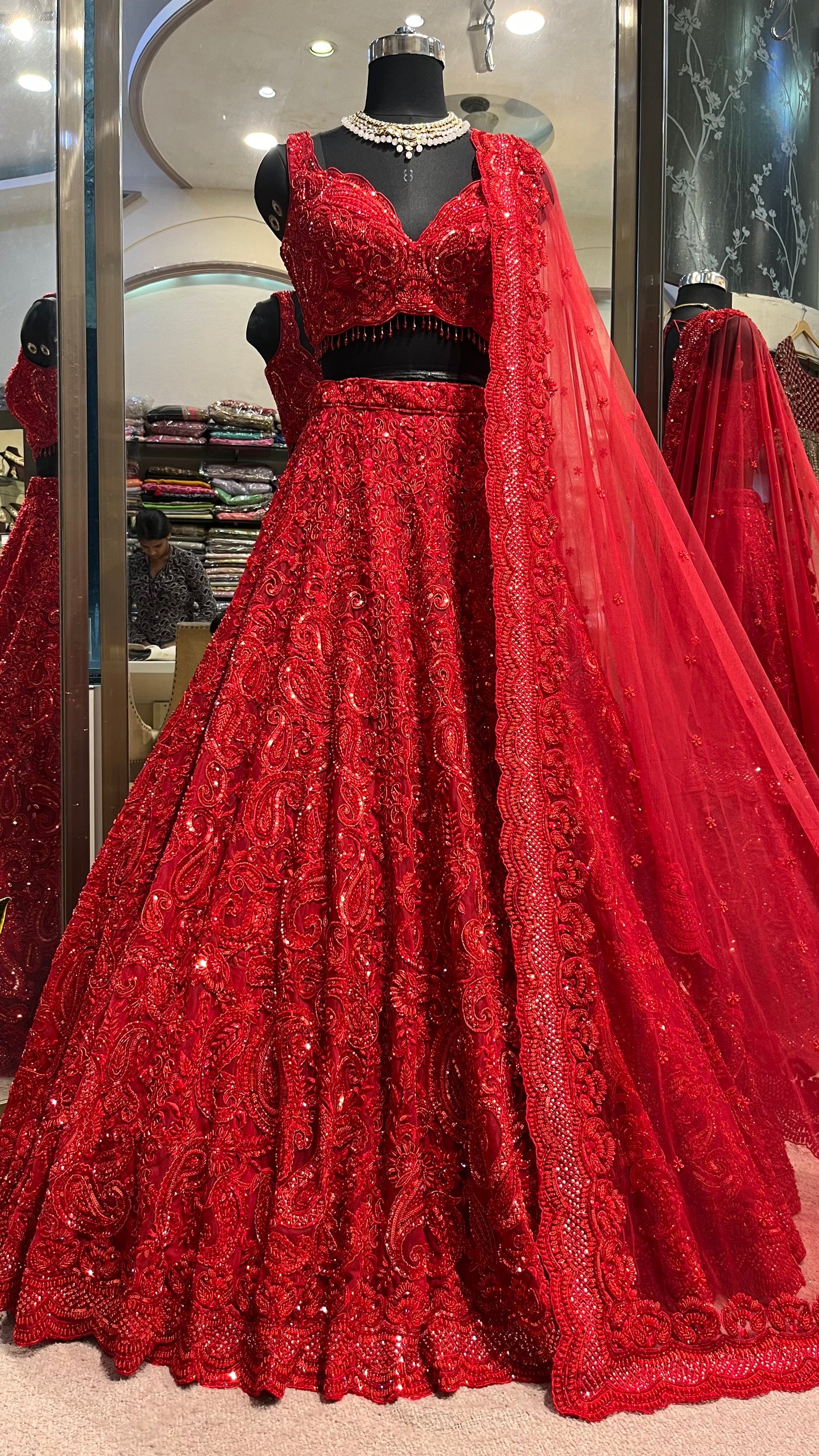 Ruby Red Royal Bridal Lehenga with Handcrafted Sequins