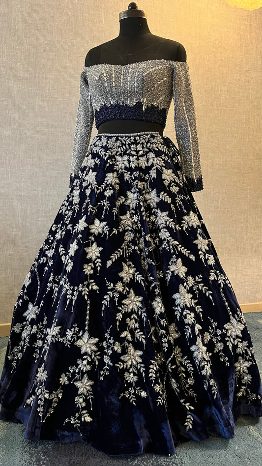 Midnight Sapphire Crystal Embroidered Bridal Lehenga Set