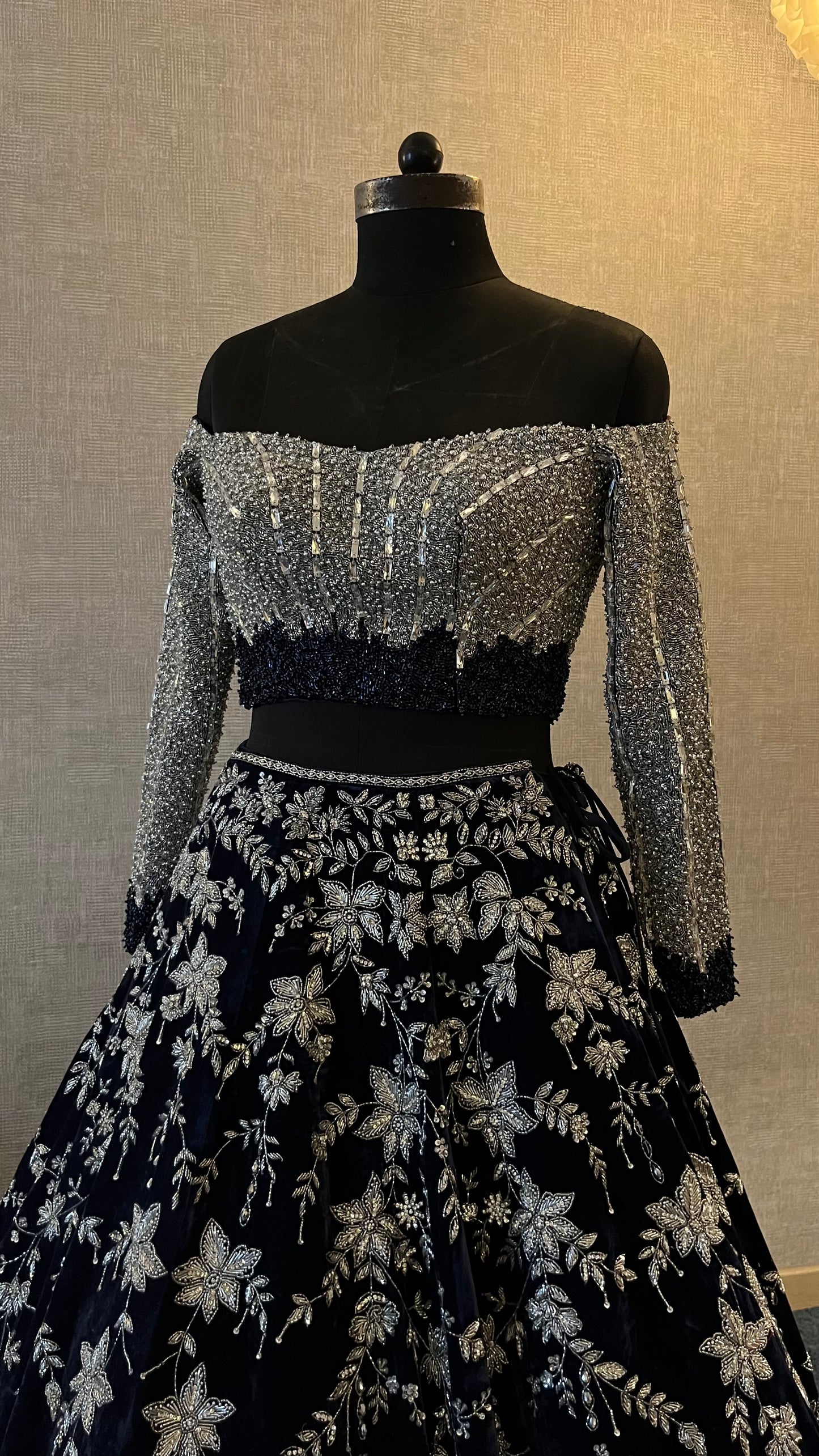 Midnight Sapphire Crystal Embroidered Bridal Lehenga Set