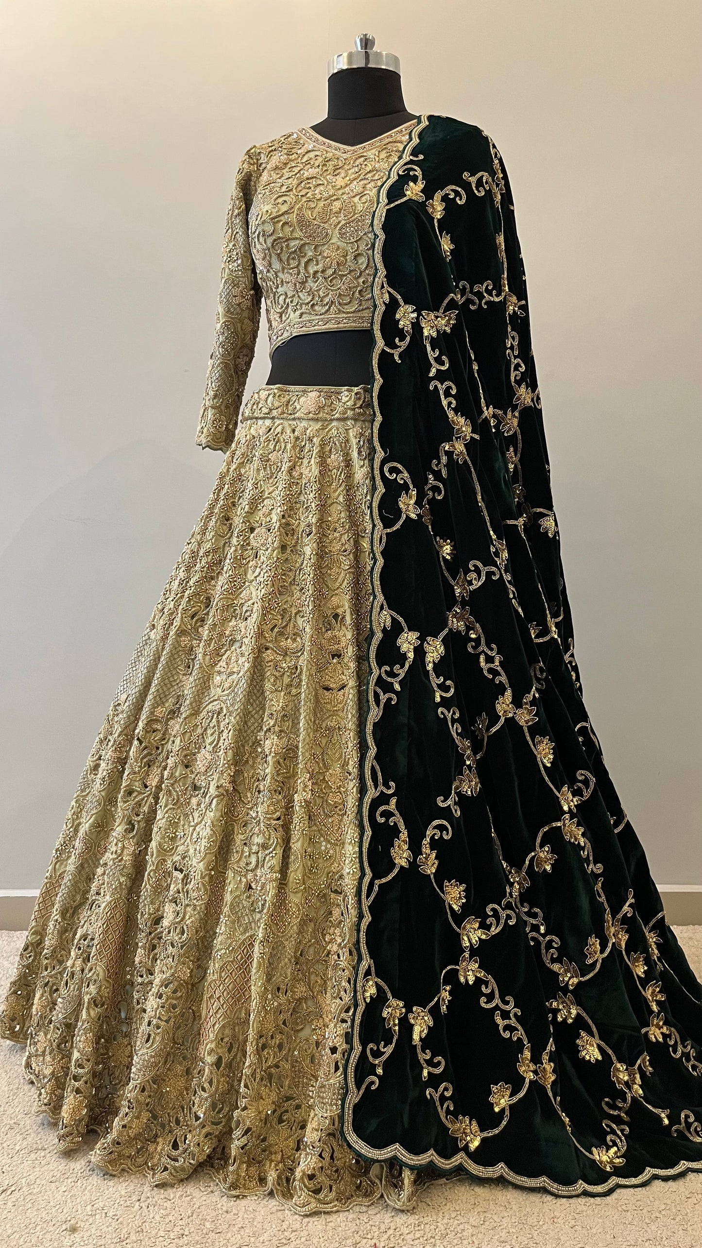 Mehrunisa Emerald Velvet Bridal Lehenga