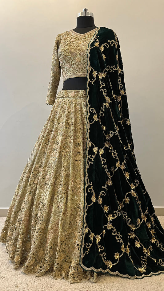 Mehrunisa Emerald Velvet Bridal Lehenga