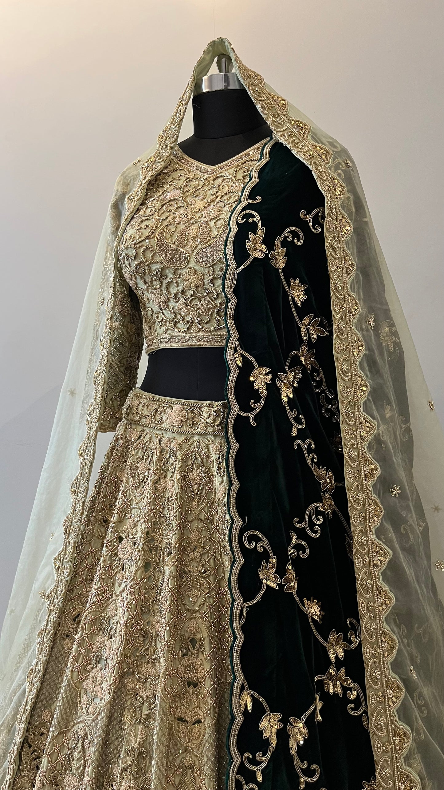 Mehrunisa Emerald Velvet Bridal Lehenga