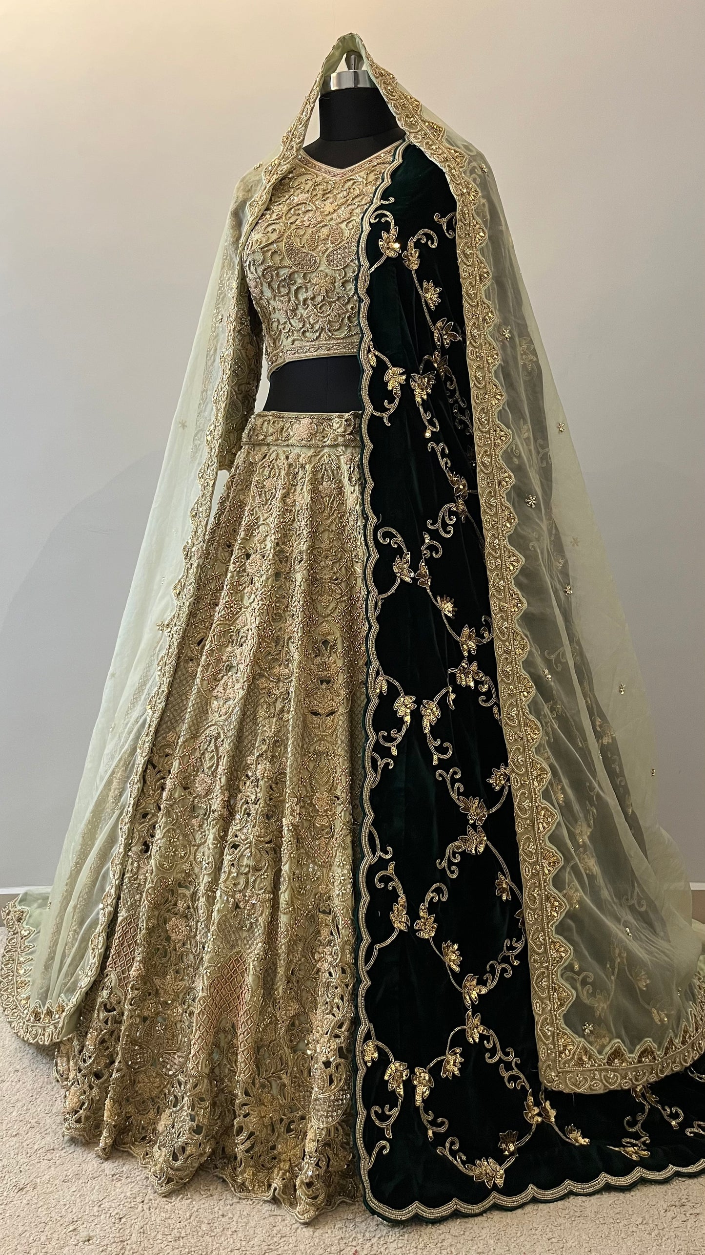 Mehrunisa Emerald Velvet Bridal Lehenga