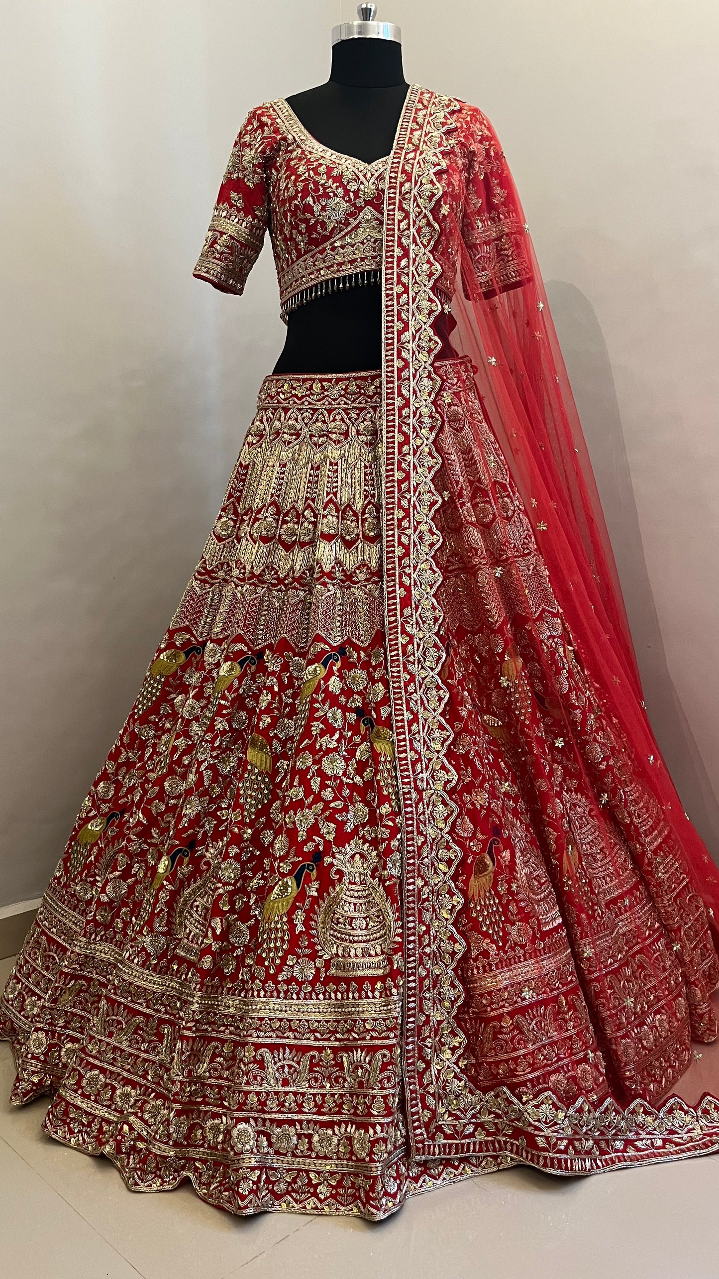 Royal Crimson Zardozi Bridal Lehenga with Peacock Motif Embroidery