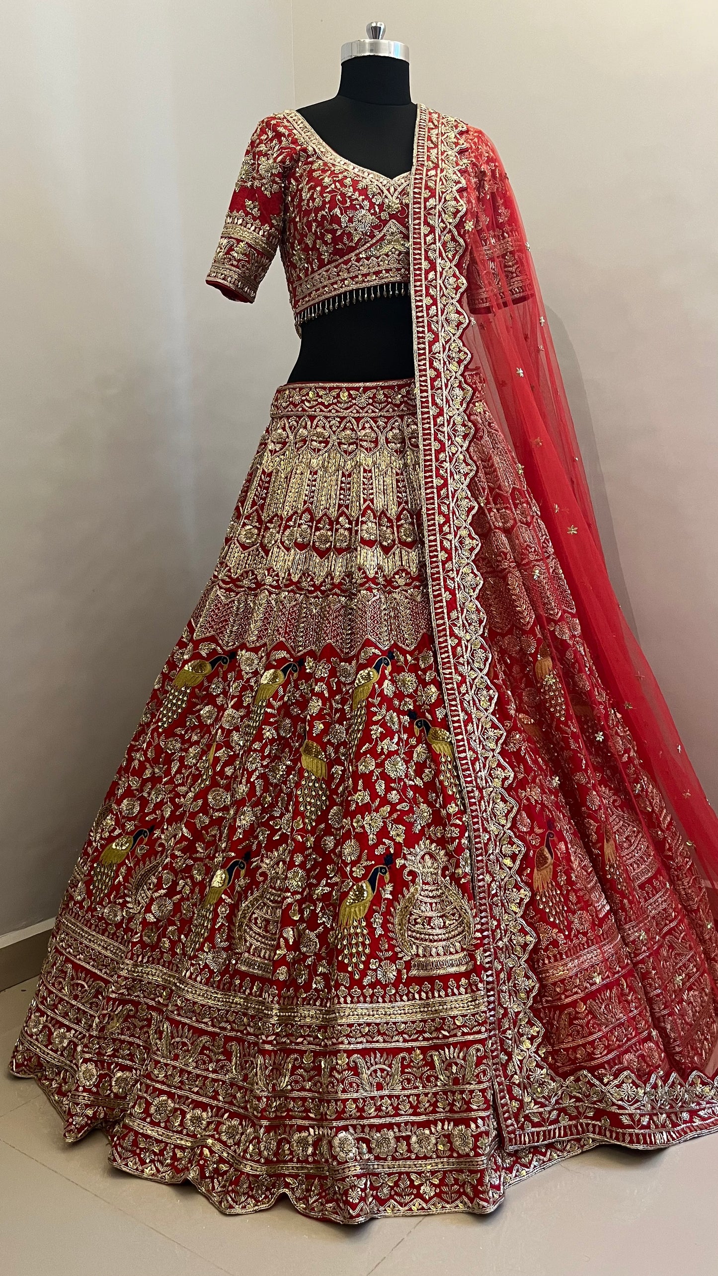 Royal Crimson Zardozi Bridal Lehenga with Peacock Motif Embroidery