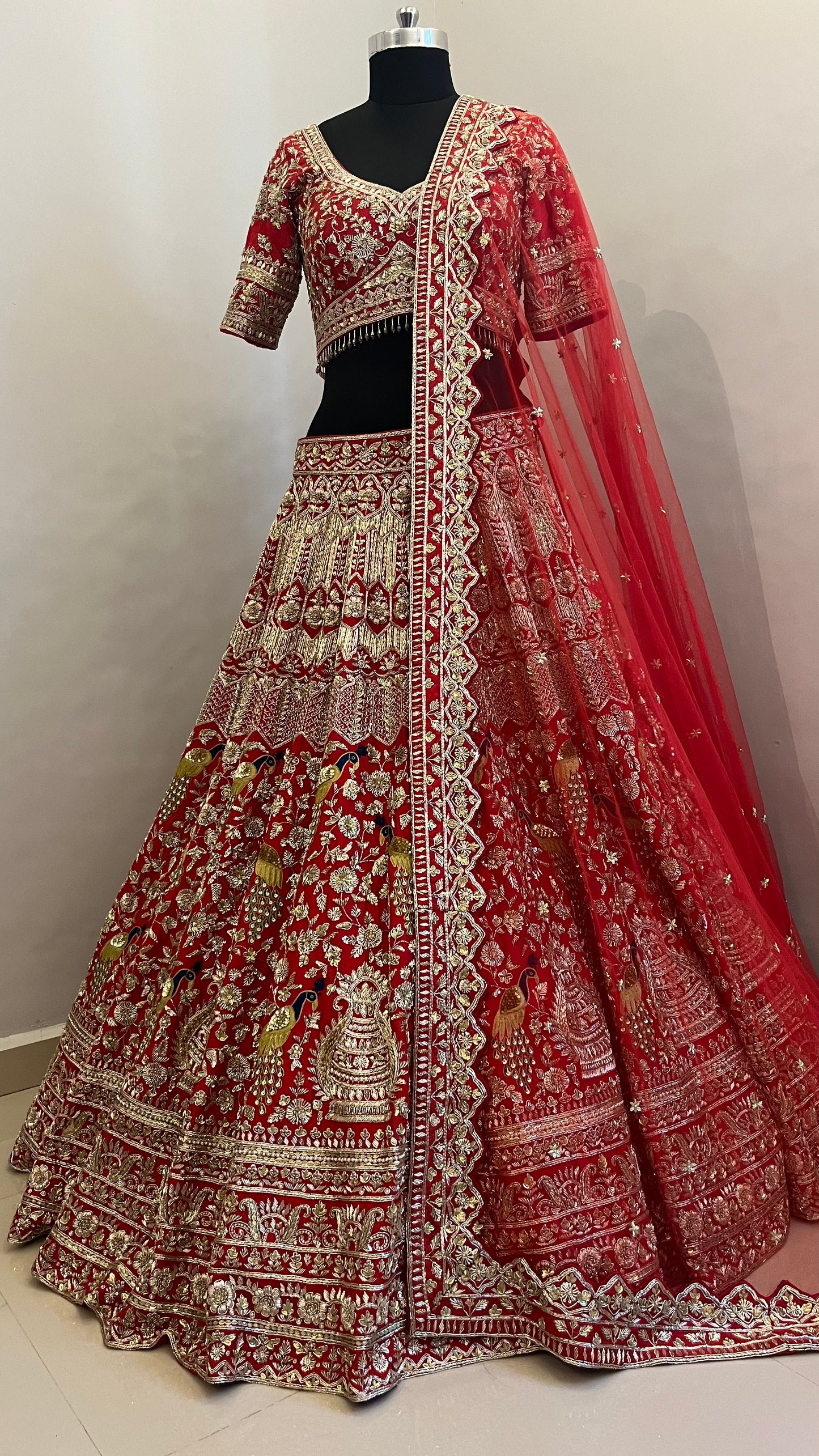 Royal Crimson Zardozi Bridal Lehenga with Peacock Motif Embroidery