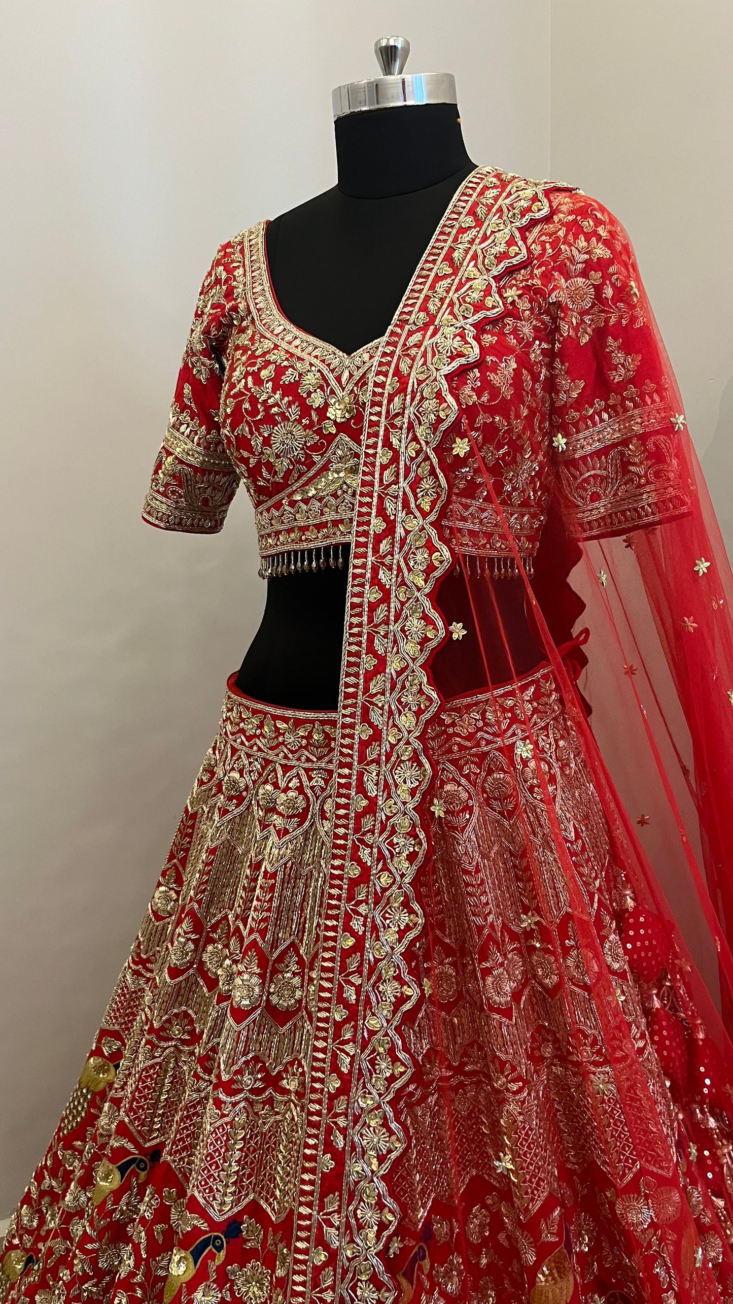 Royal Crimson Zardozi Bridal Lehenga with Peacock Motif Embroidery