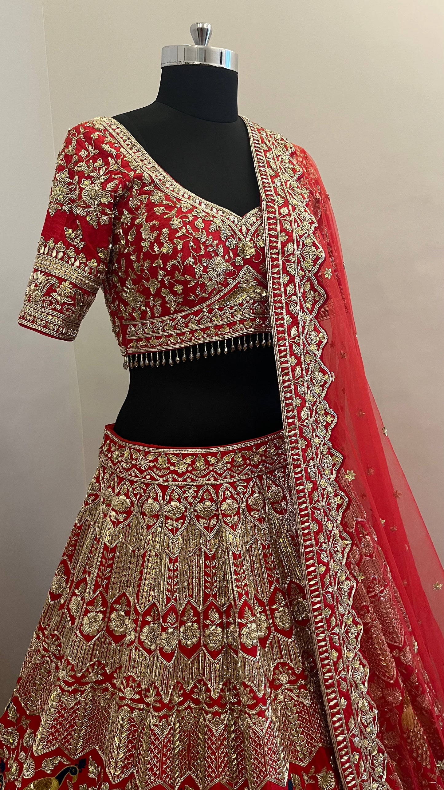 Royal Crimson Zardozi Bridal Lehenga with Peacock Motif Embroidery