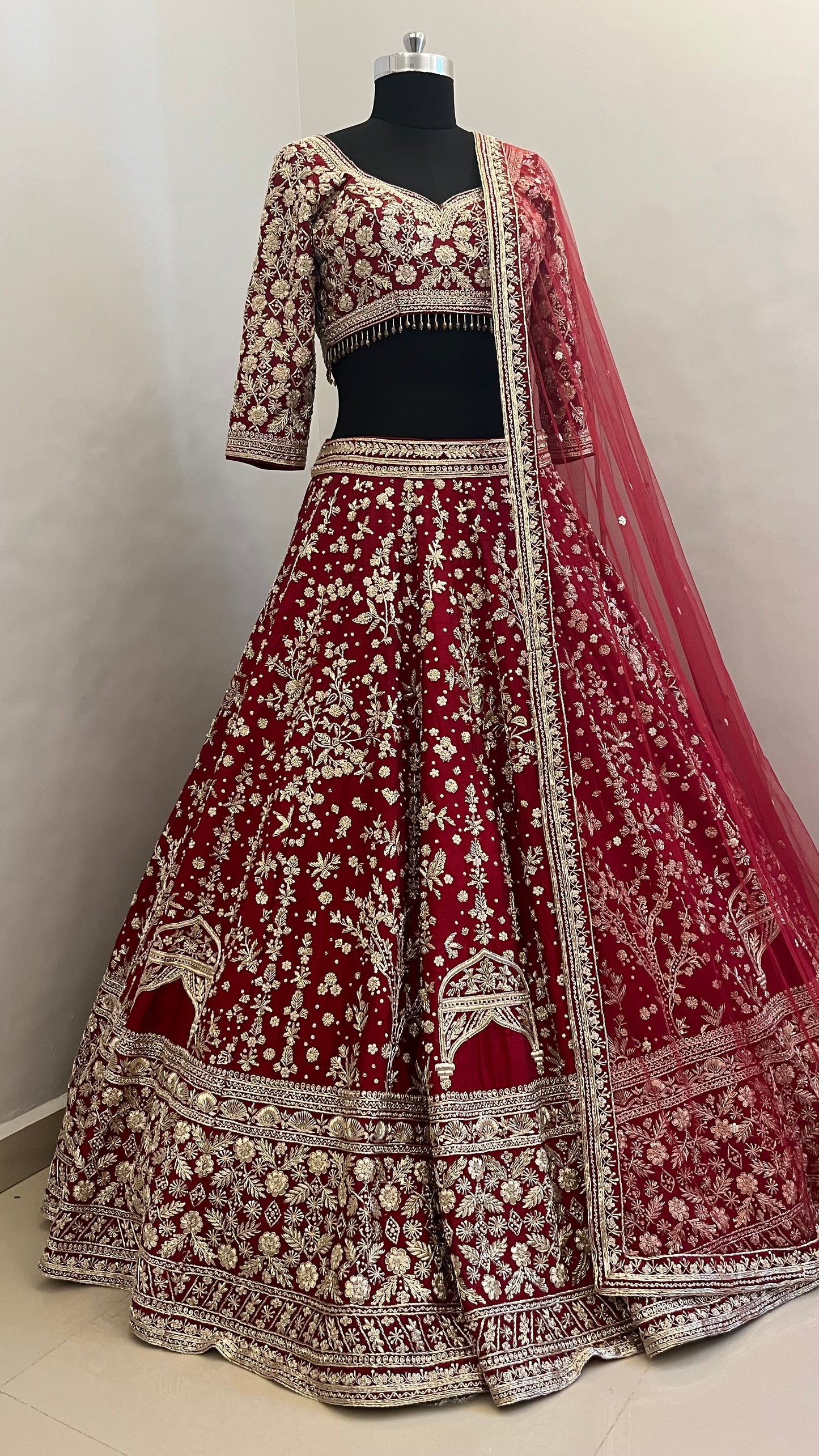 Regal Ruby Hand-Embroidered Bridal Lehenga with Mughal Arch Detailing