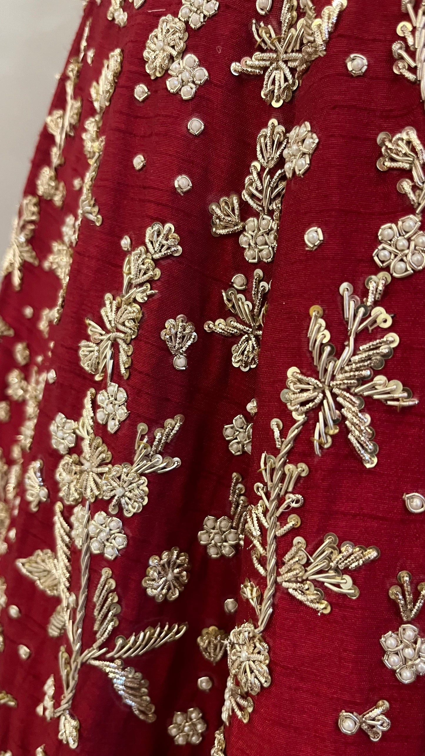 Regal Ruby Hand-Embroidered Bridal Lehenga with Mughal Arch Detailing