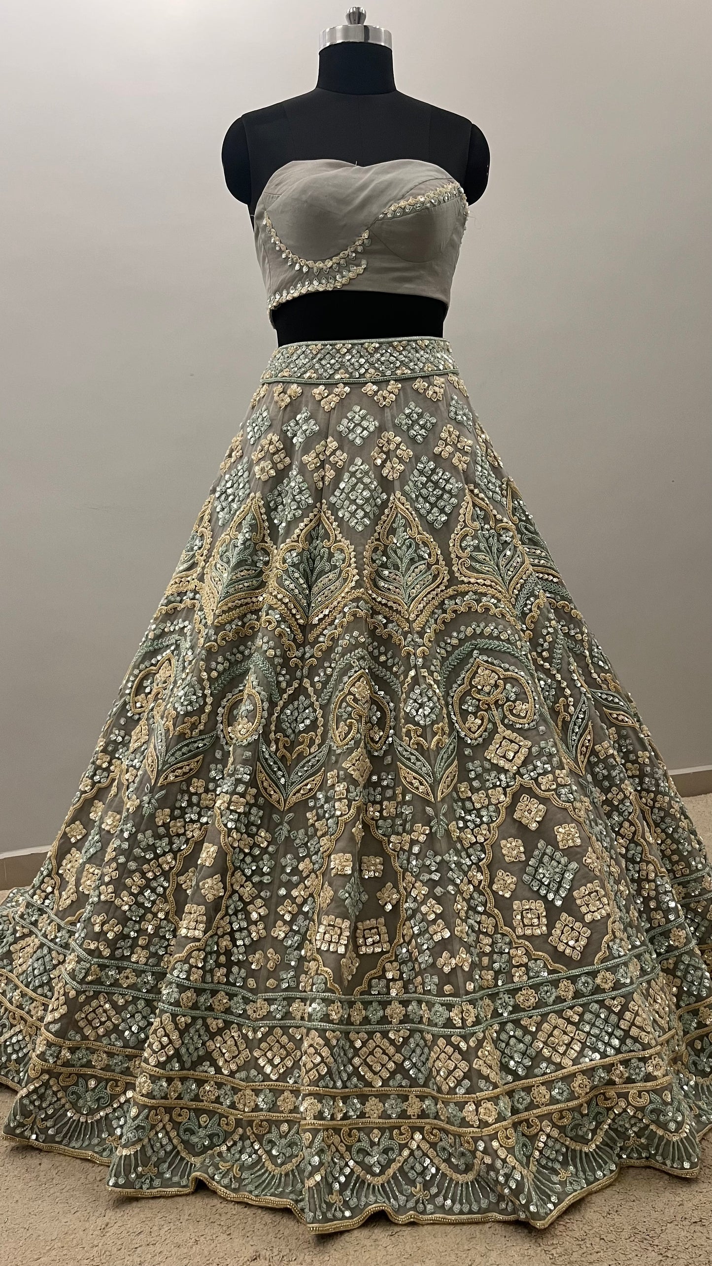 Sage Mist Mirror Embroidered Couture Lehenga