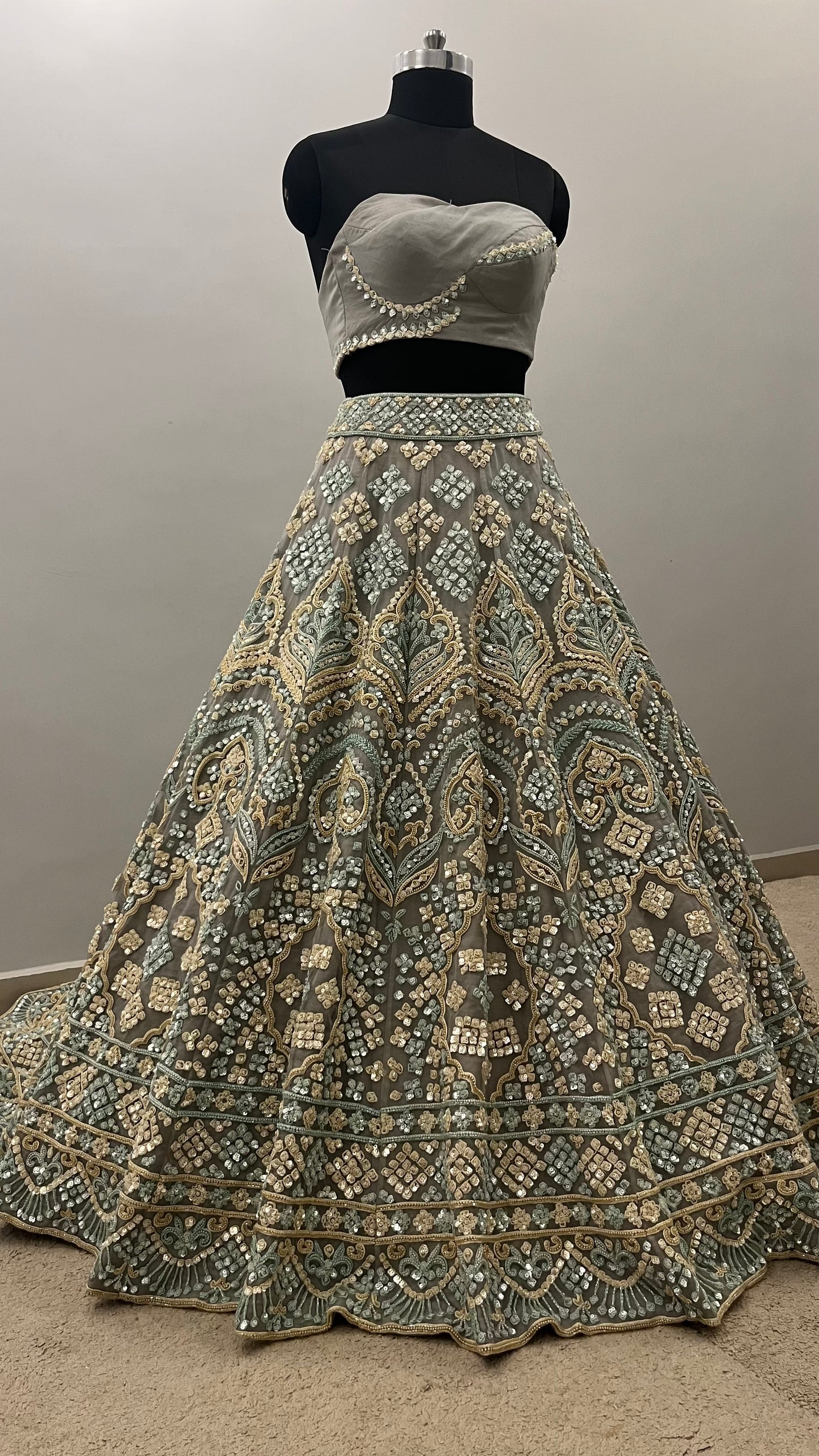 Sage Mist Mirror Embroidered Couture Lehenga