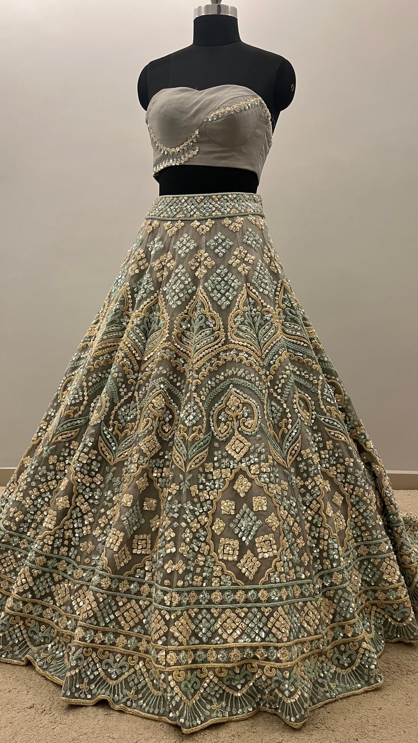 Sage Mist Mirror Embroidered Couture Lehenga