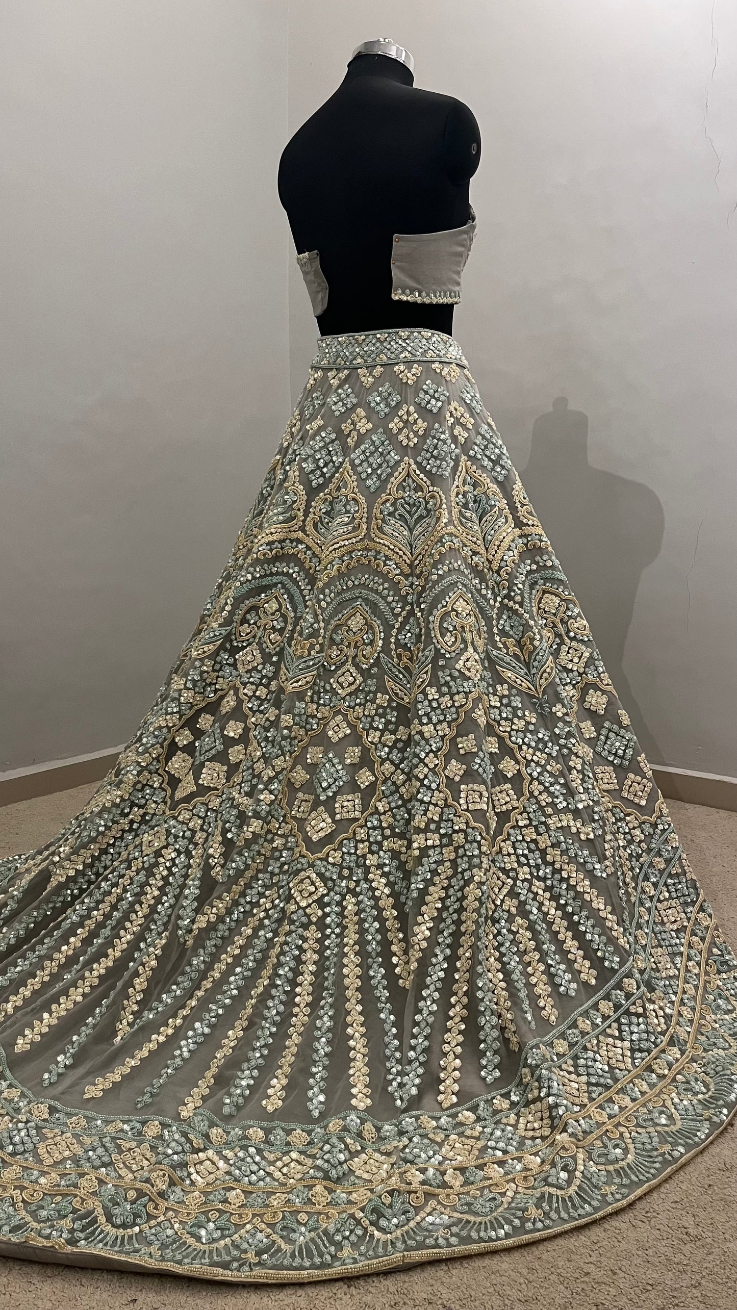 Sage Mist Mirror Embroidered Couture Lehenga