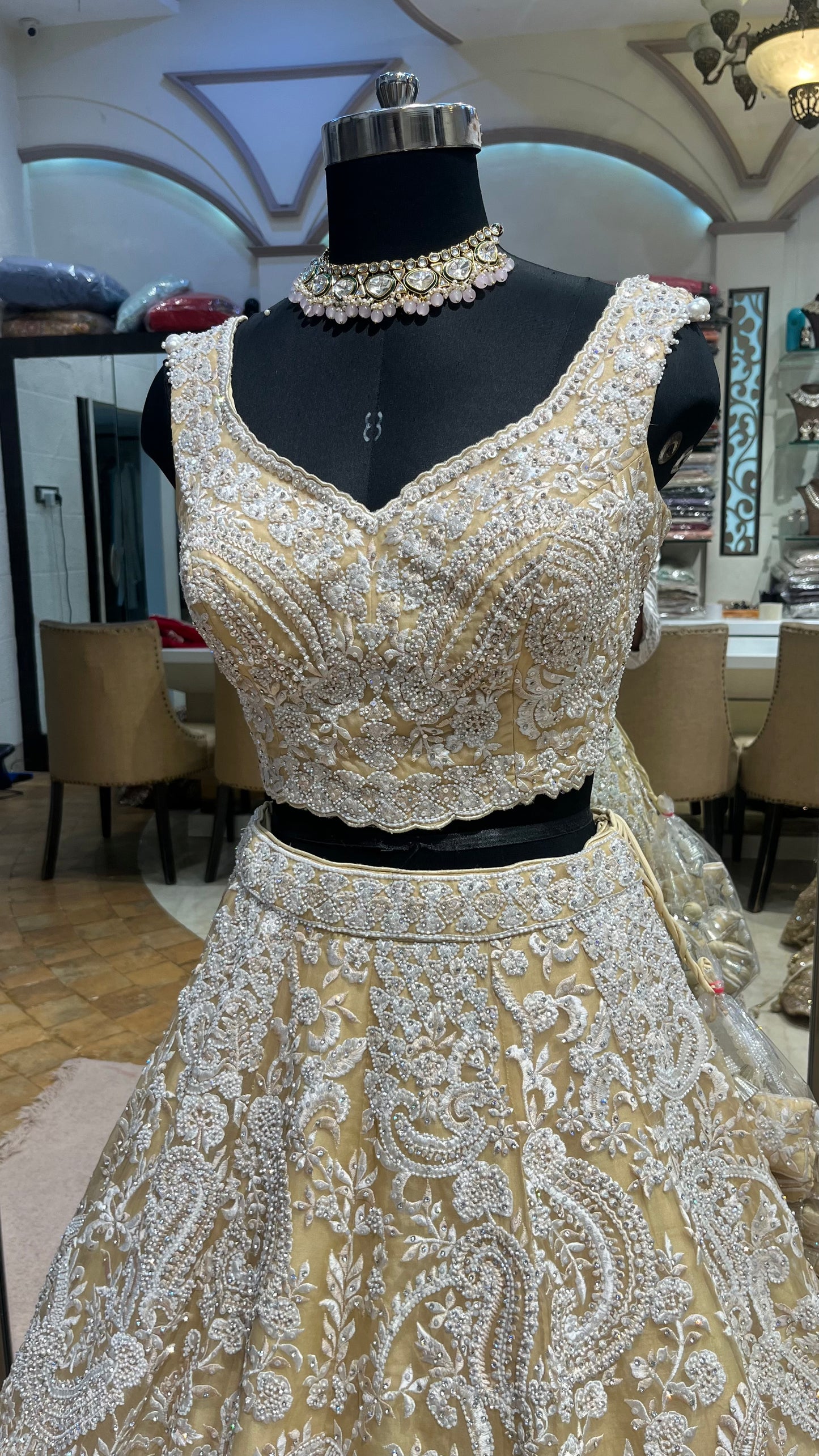 Champagne Ivory Pearl Couture Bridal Lehenga