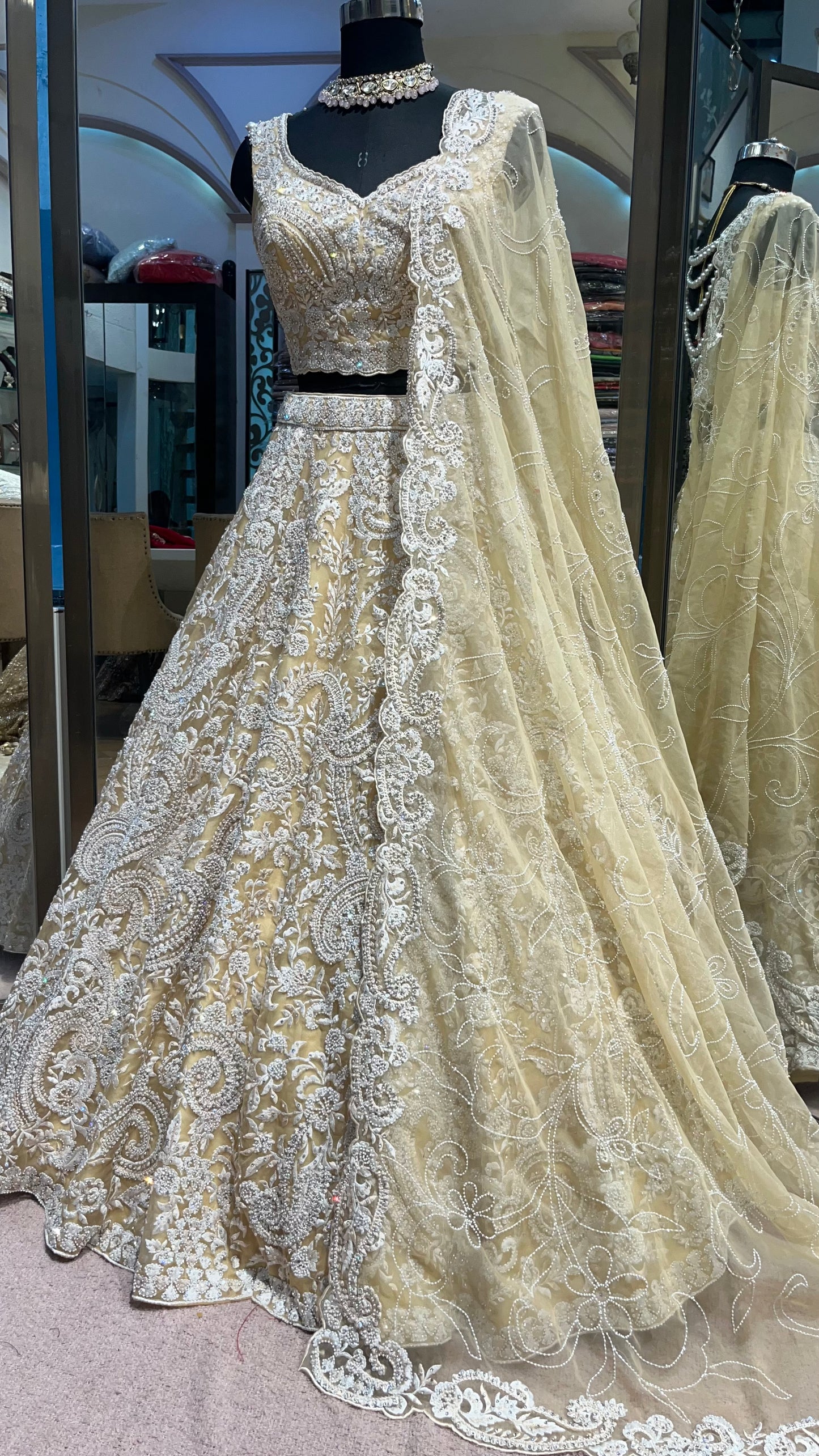 Champagne Ivory Pearl Couture Bridal Lehenga