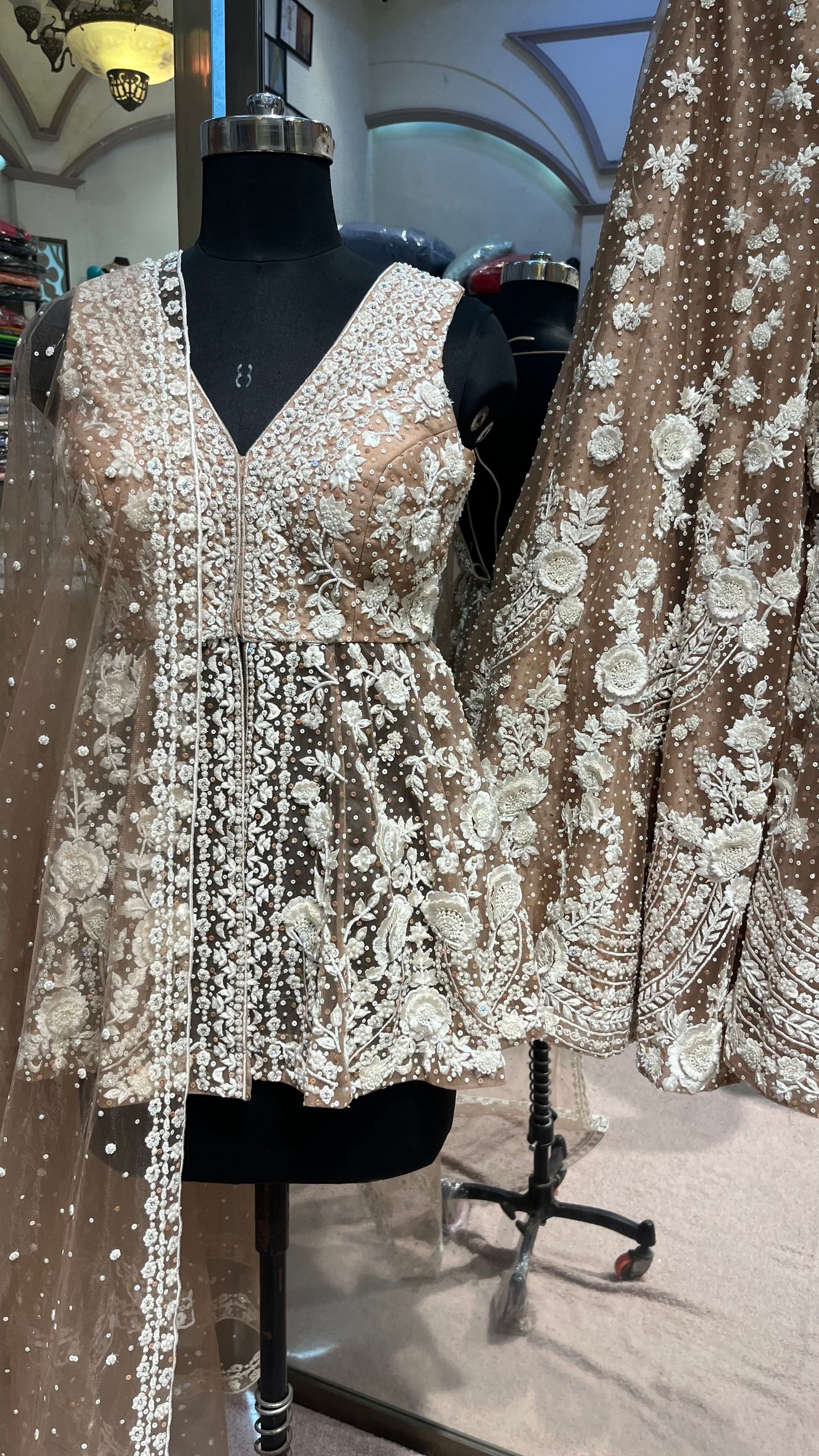 Mocha Pearl Embroidered Designer Lehenga Set