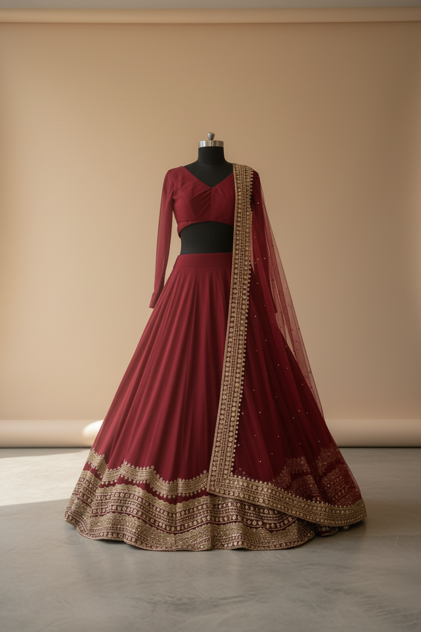 Mahveen Wine Velvet Bridal Lehenga Set