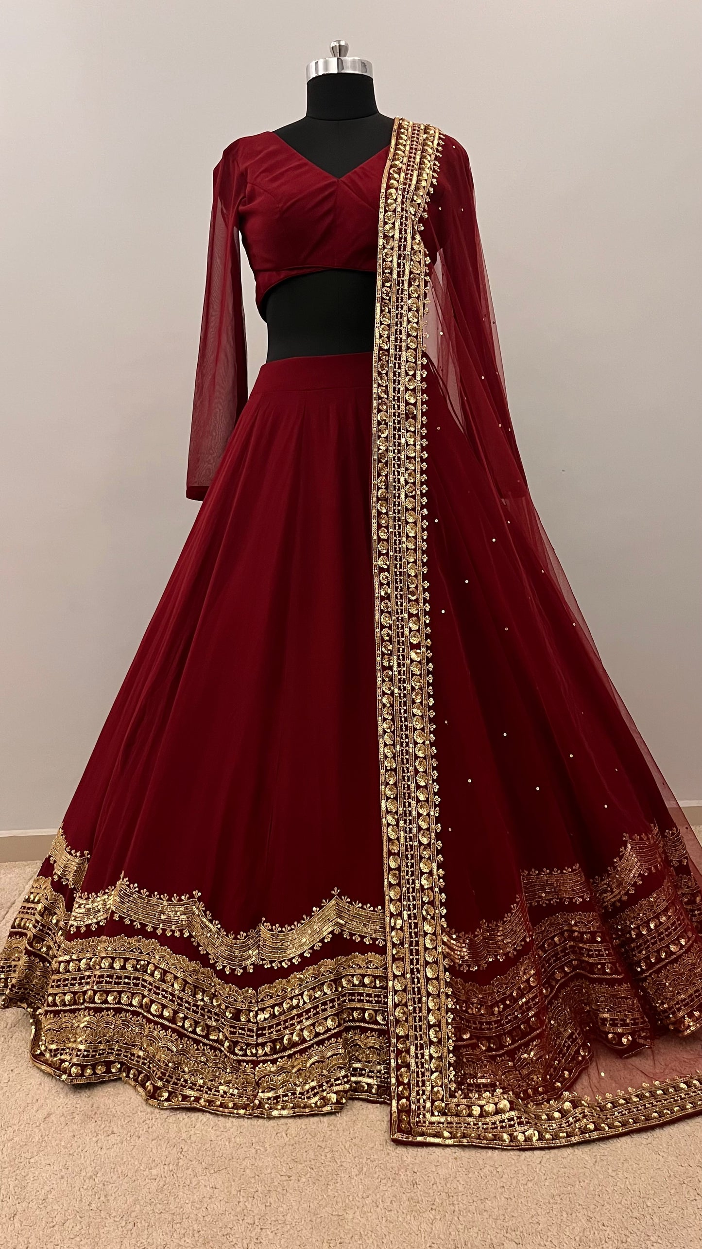 Mahveen Wine Velvet Bridal Lehenga Set