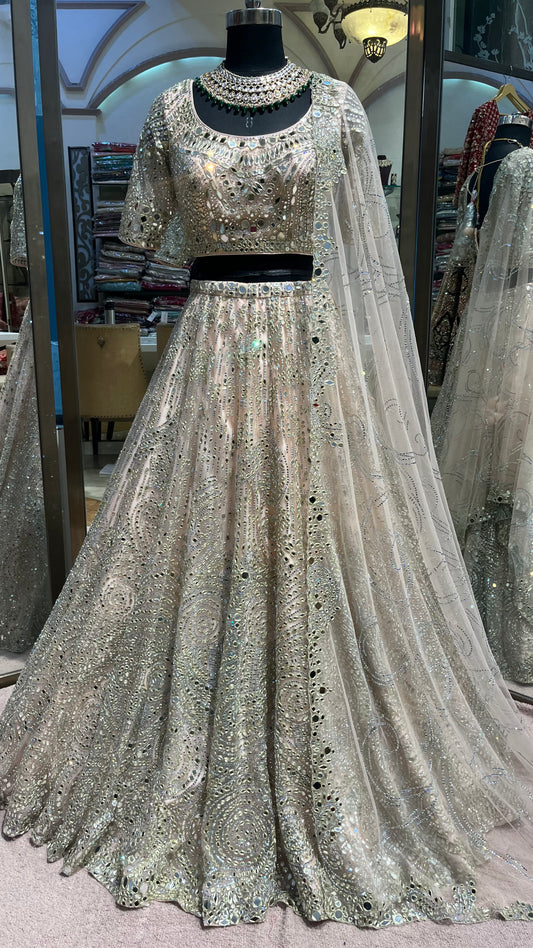 Platinum Mirrorwork Bridal Lehenga Couture