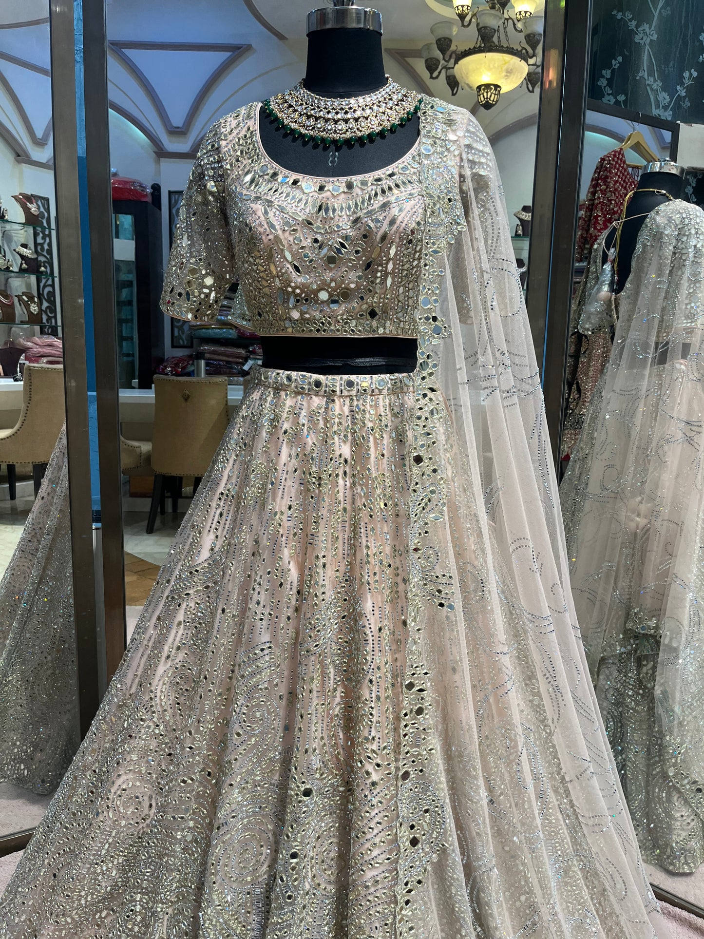 Platinum Mirrorwork Bridal Lehenga Couture