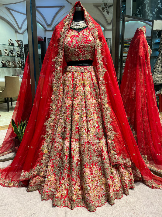 Regal Crimson Floral Bridal Lehenga Couture