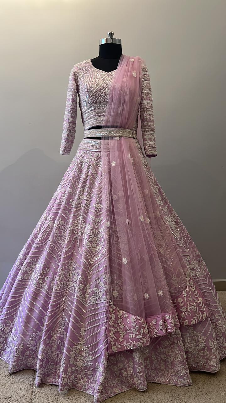 Blush Lavender Embroidered Bridal Lehenga with Resham Detailing