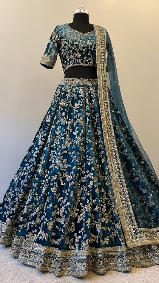 Midnight Teal Zari Embroidered Bridal Lehenga Set