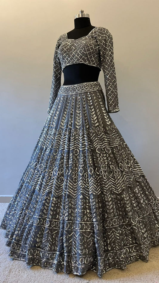 Celeste Graphite Mirrorwork Bridal Lehenga Set