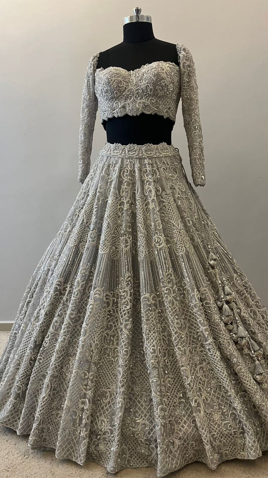 Silver Frost Hand-Embroidered Bridal Lehenga