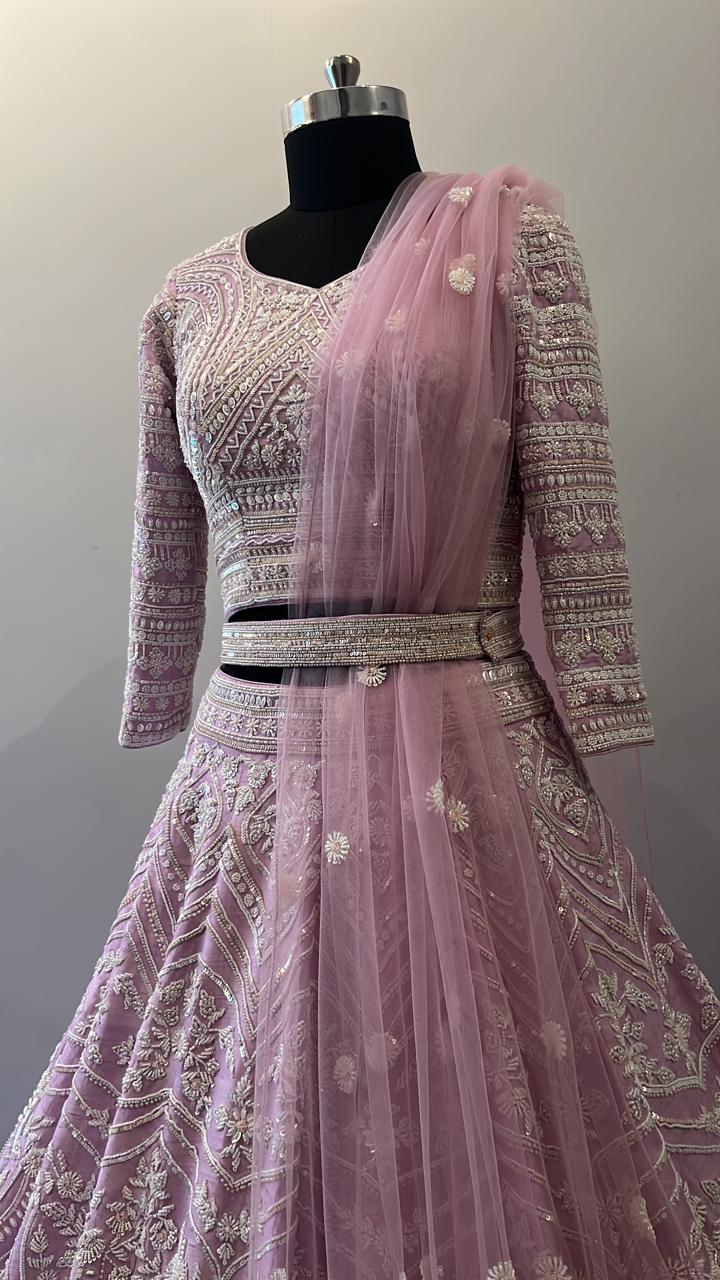 Blush Lavender Embroidered Bridal Lehenga with Resham Detailing